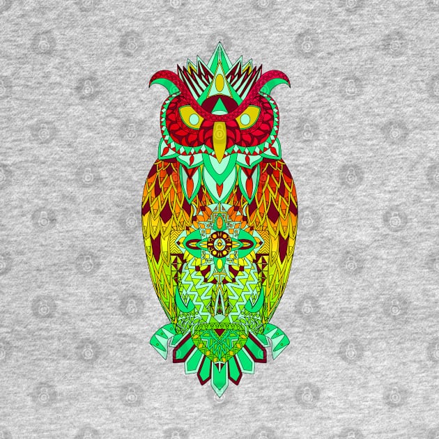 kawaii owl in mexican tribal totonac magical patterns art ecopop by jorge_lebeau